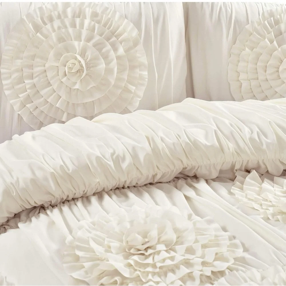 NEW Anthro Ivory Beige 3D Floral Queen / King Boho Comforter Bedding & Sham Set